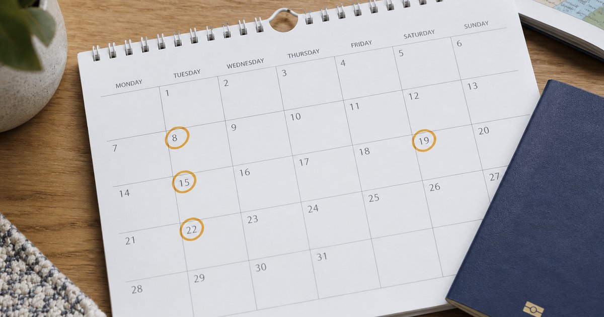 A wall calendar with travel preparation dates marked