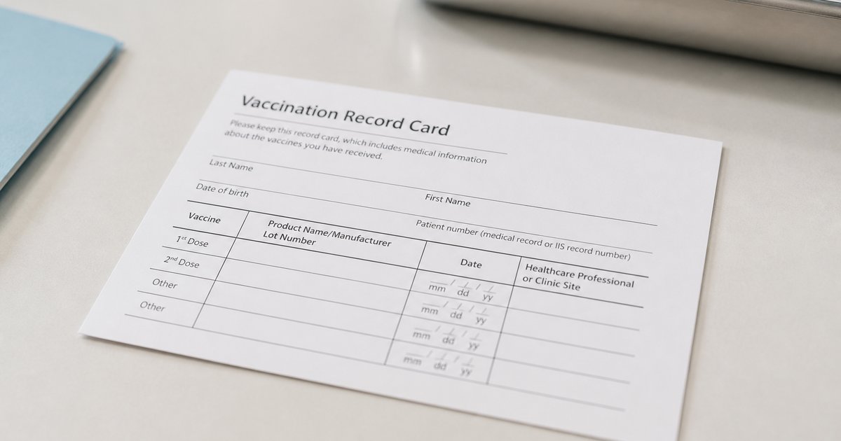 A vaccination record card and vials on a clinical tray