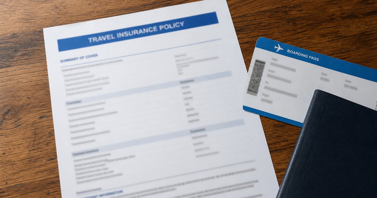 A travel insurance document beside a boarding pass