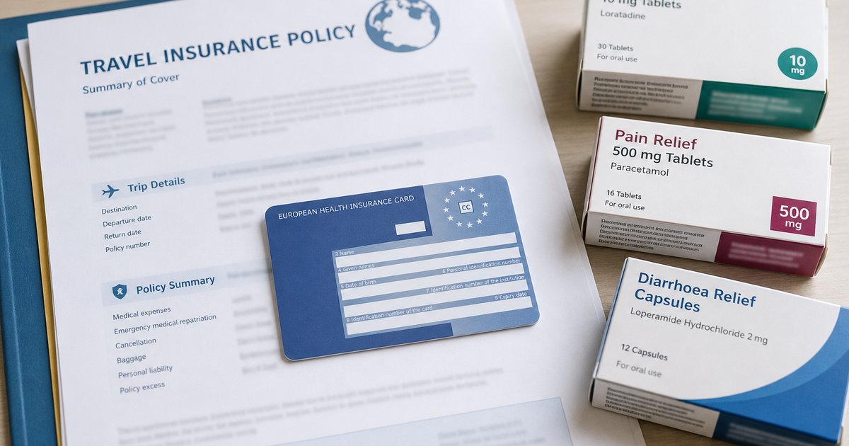 A GHIC card, insurance paperwork and labelled medicine boxes
